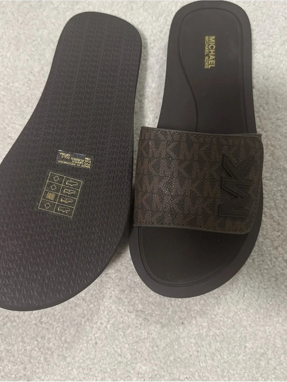 NWOB Michael Kors Men's Brown MK Monogram Slide Sandals Size 10